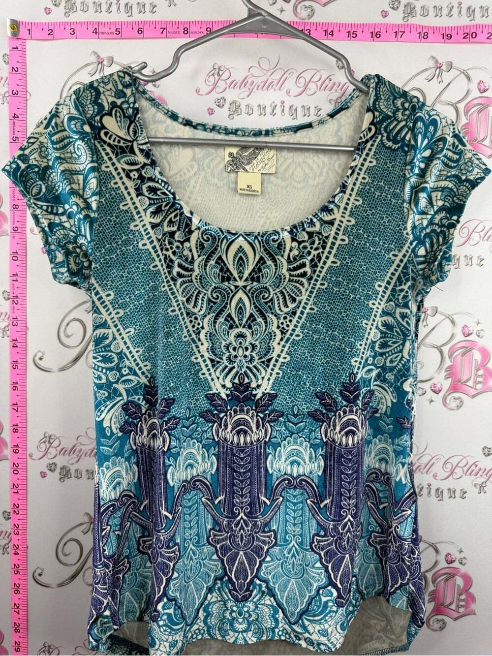 Lucky Brand HOLLY flock Teal and Navy Short Sleeve Printed Scoop Neck Top - Picture 3 of 12